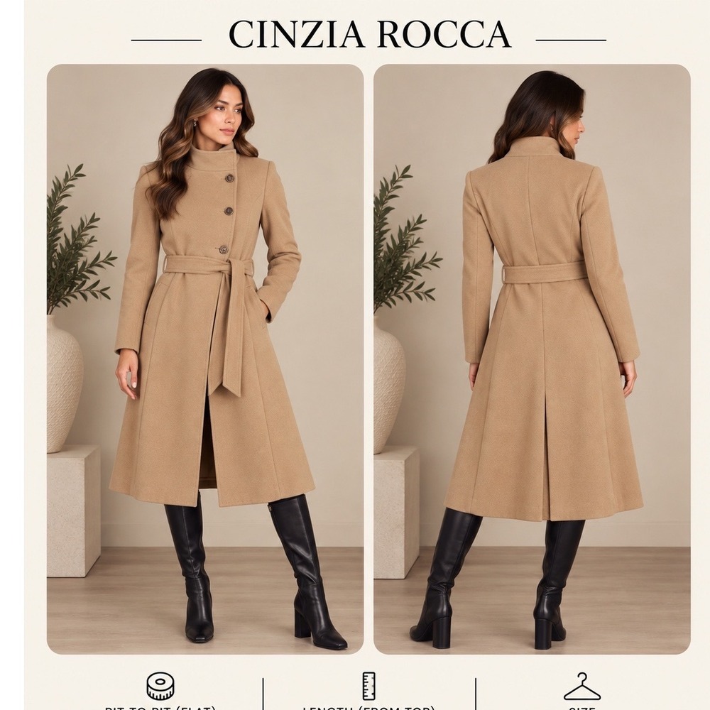 Cinzia Rocca Camel Wool Blend Belted Wrap Coat Italian Double Breasted Tan